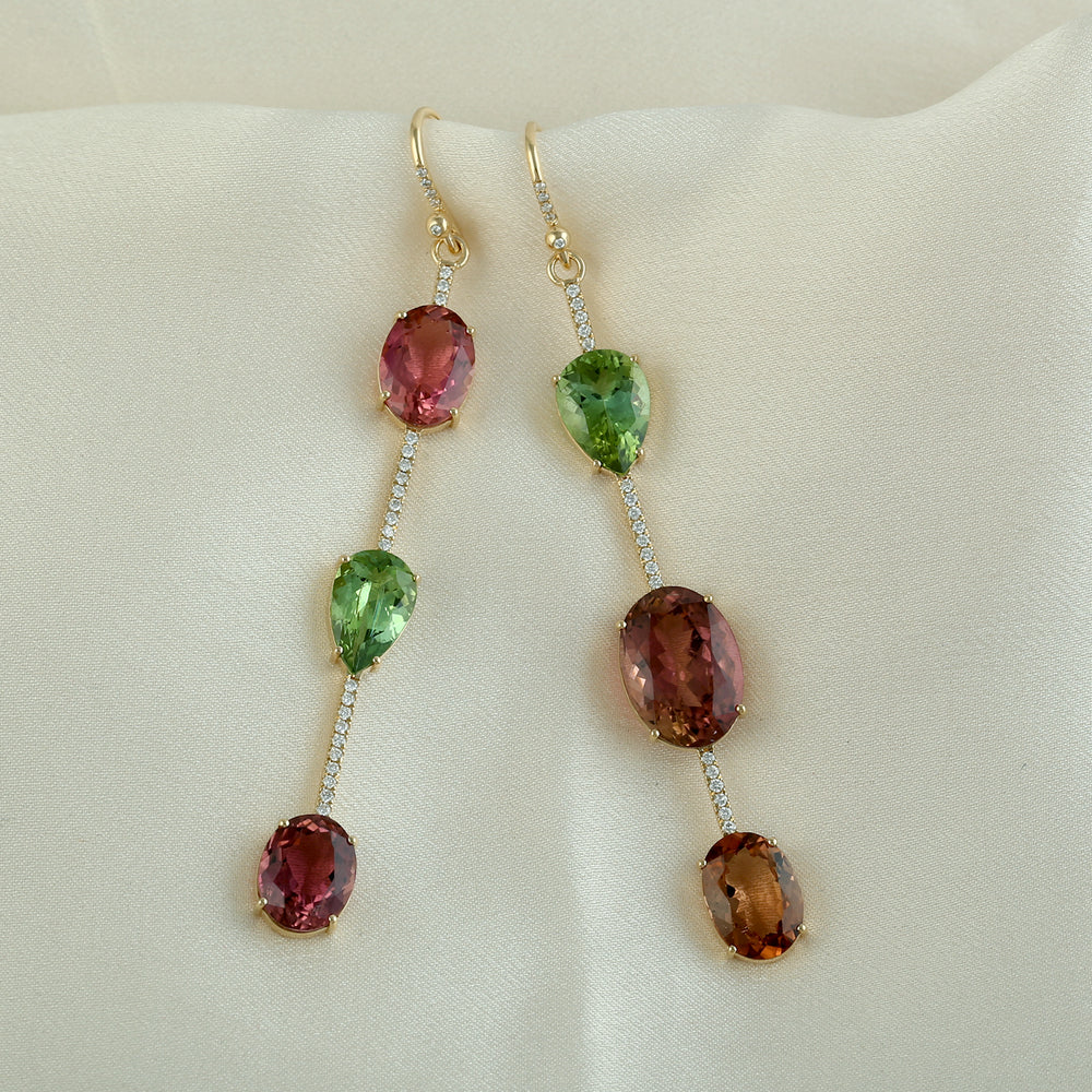 Multicolor Tourmaline Pave Diamond Mismatch Danglers In 18k Yellow Gold