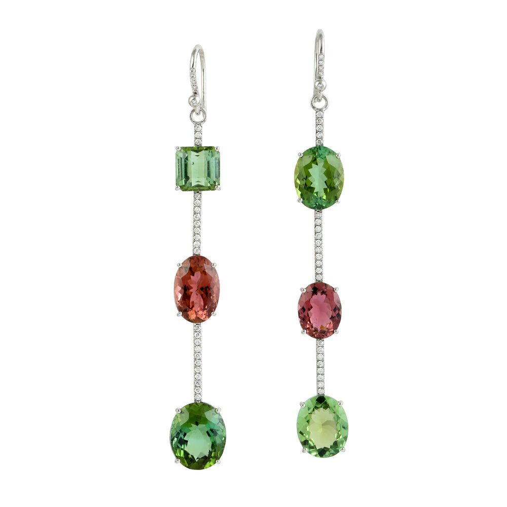 Oval Cut Faceted Tourmaline 18k White Gold Pave Diamond Hook Danglers