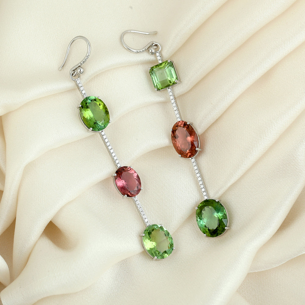 Oval Cut Faceted Tourmaline 18k White Gold Pave Diamond Hook Danglers