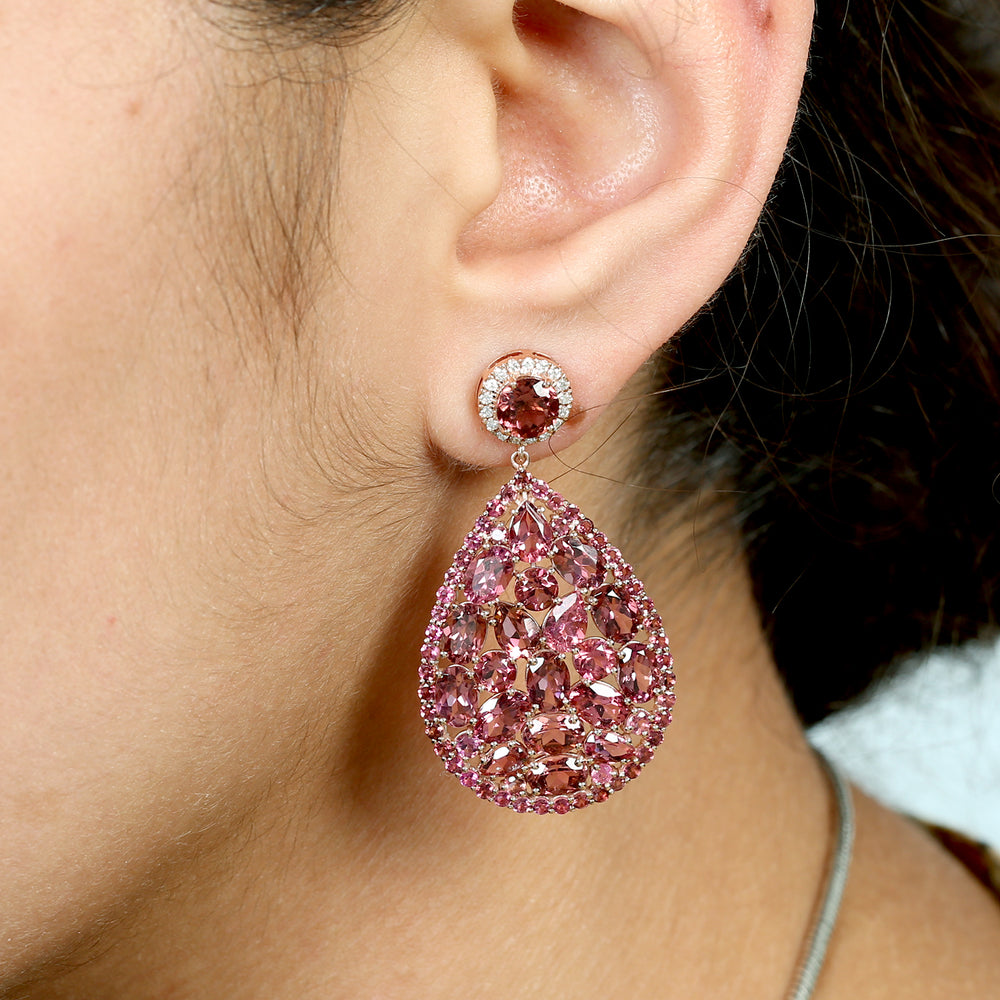 Pink Tourmaline Gemstone Pave Diamond Dangle Earrings In 18k Rose Gold