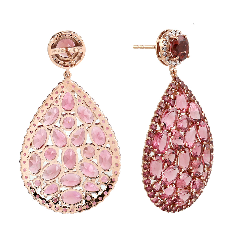 Pink Tourmaline Gemstone Pave Diamond Dangle Earrings In 18k Rose Gold