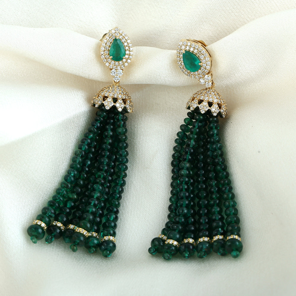 Emerald Beads Pave Diamond 18k Yellow Gold Tassel Earrings For Women