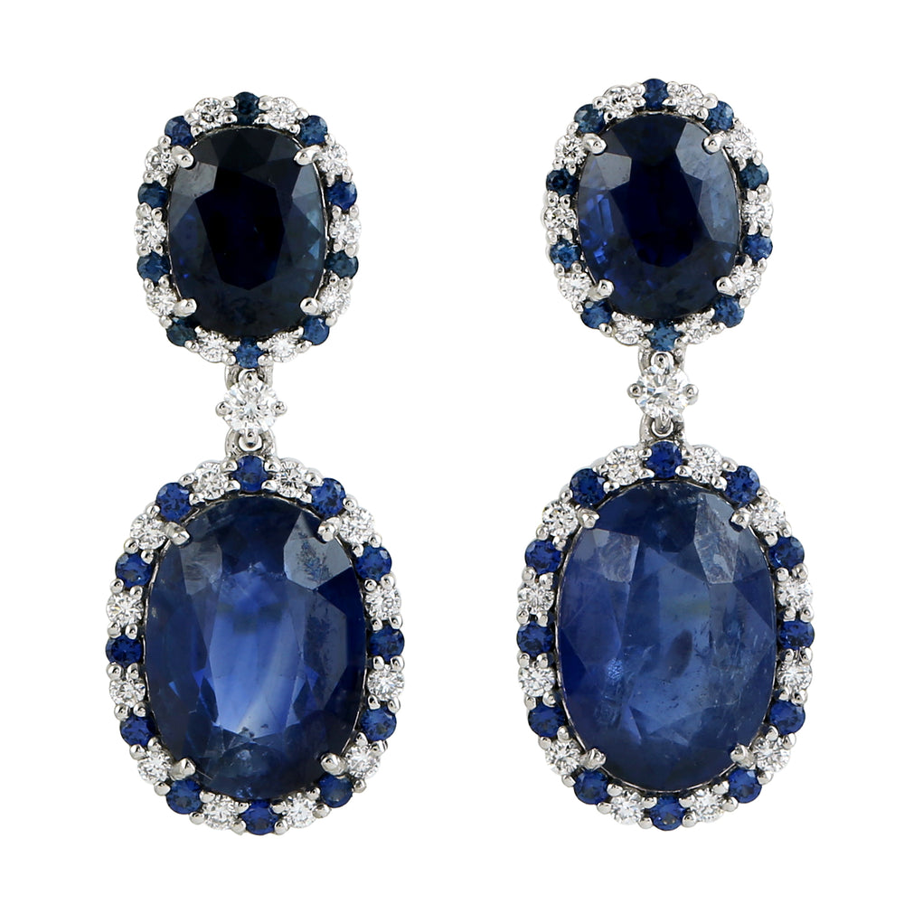 Oval Cut Blue Sapphire Pave Diamond September Birthstone 18K White Gold Danglers For Women