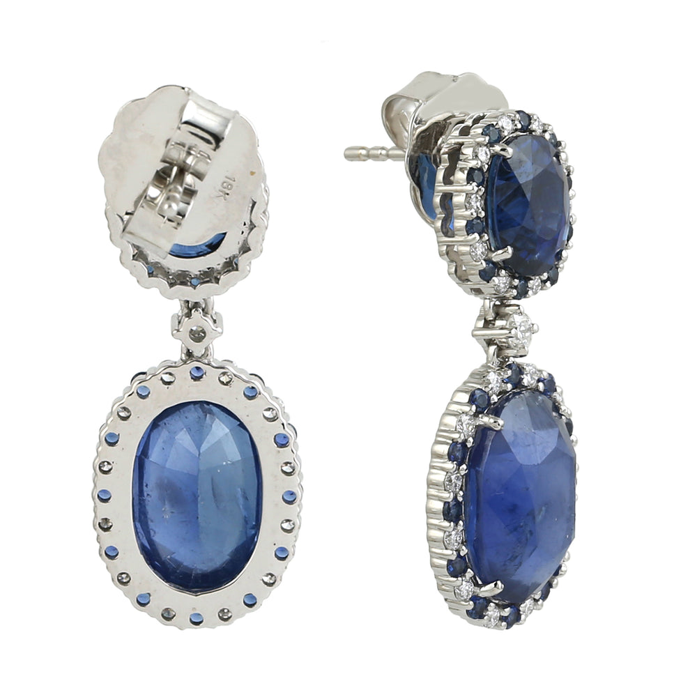 Oval Cut Blue Sapphire Pave Diamond September Birthstone 18K White Gold Danglers For Women