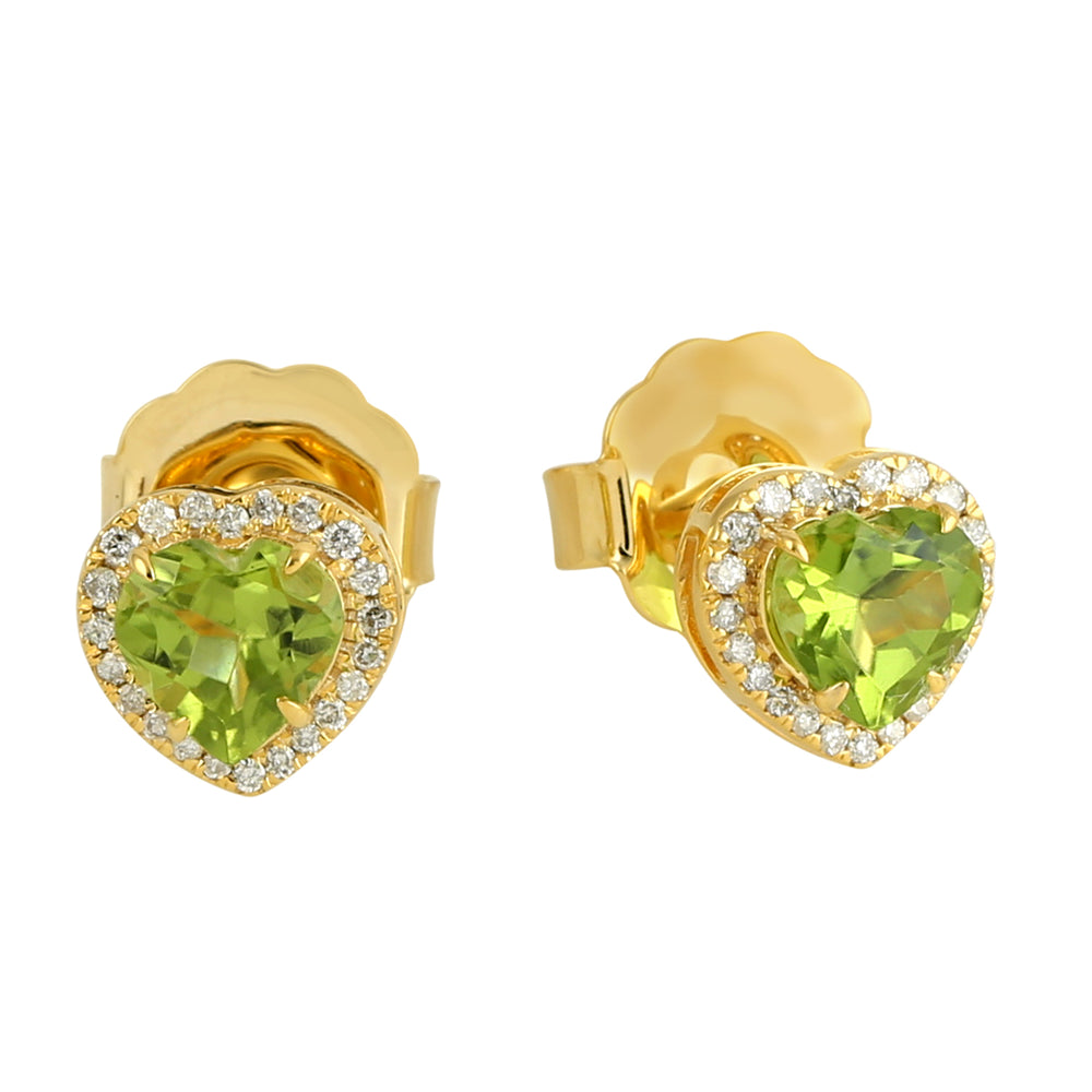 14K Yellow Gold Pave Diamond Prong Peridot Heart Stud Earrings For Her