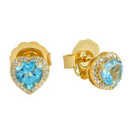 Blue Topaz Pave Diamond Heart Design Stud Earrings In 14K Yellow Gold For Valentine Gift