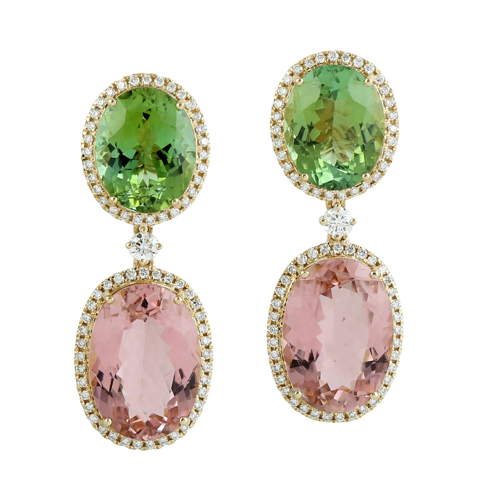 Beautiful Pink Green Oval Tourmaline Pave Diamond Natural Stone 18k Yellow Gold Danglers