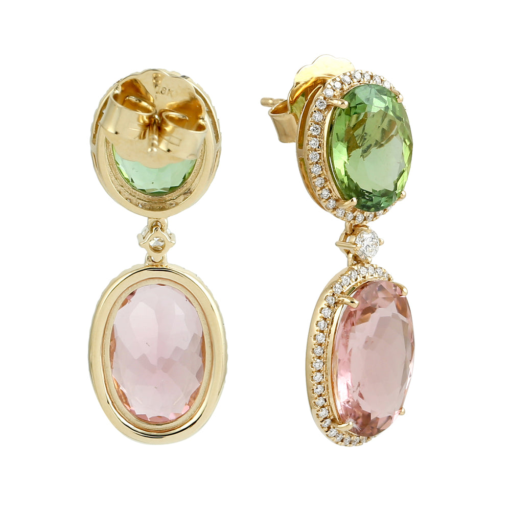 Beautiful Pink Green Oval Tourmaline Pave Diamond Natural Stone 18k Yellow Gold Danglers