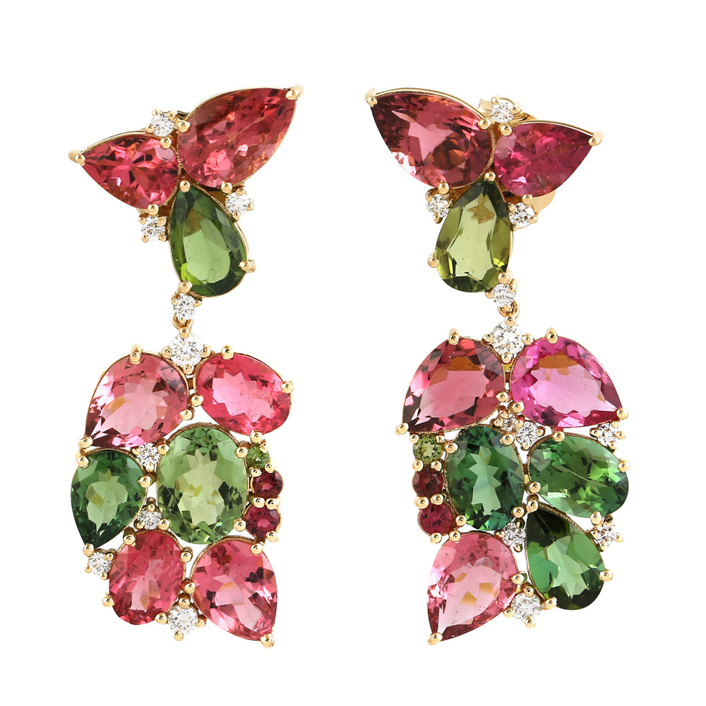 Pear Cut Pink Green Tourmaline Floral Design Diamond 18k Yellow Gold Ear Jewelry