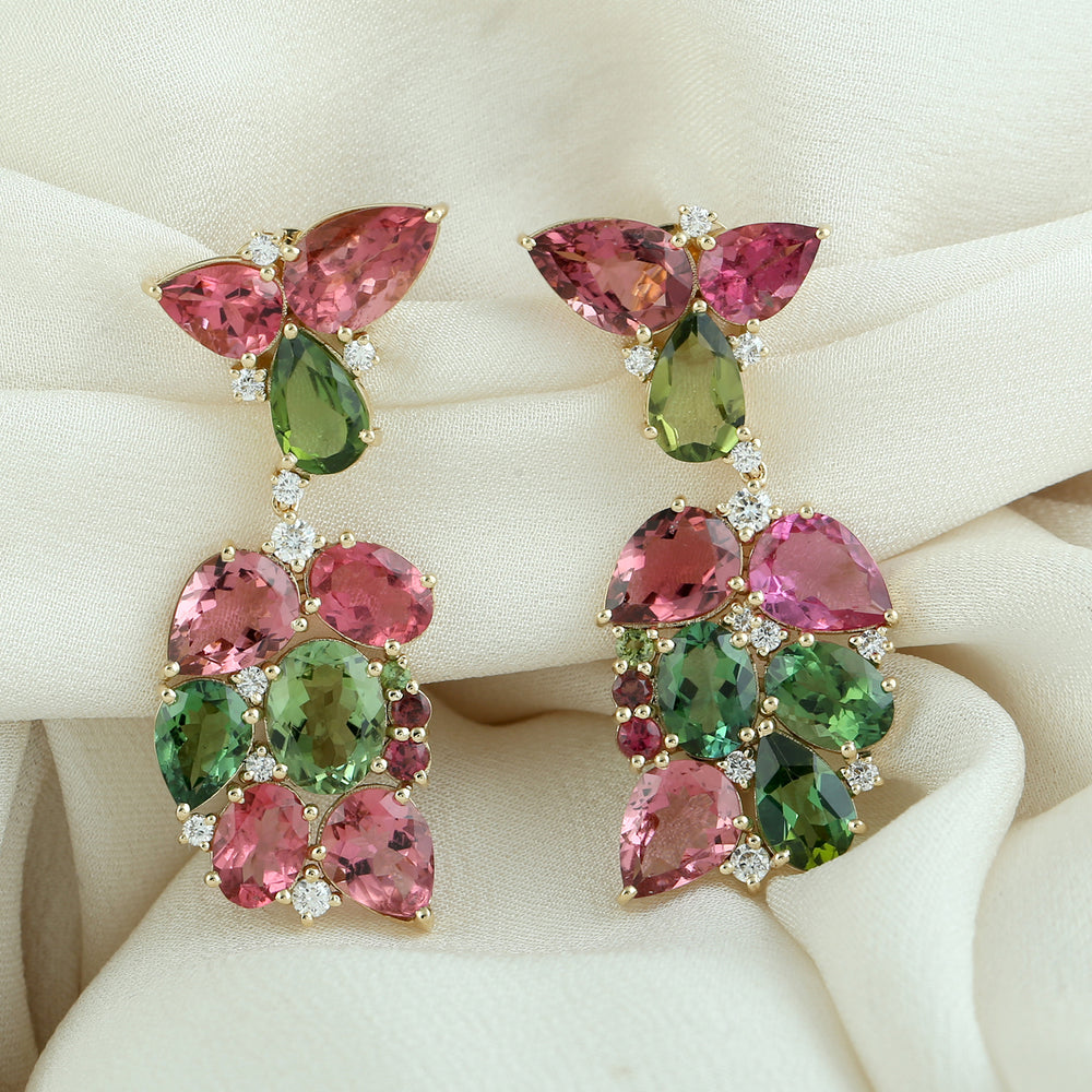 Pear Cut Pink Green Tourmaline Floral Design Diamond 18k Yellow Gold Ear Jewelry