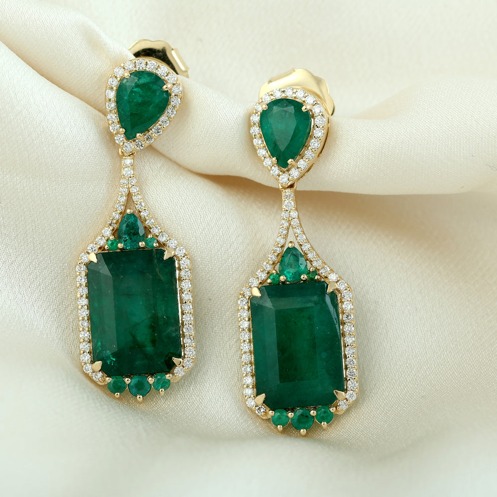 Green Emerald Rich Look Pave Diamond Wedding Danglers In 18k Yellow Gold For Her