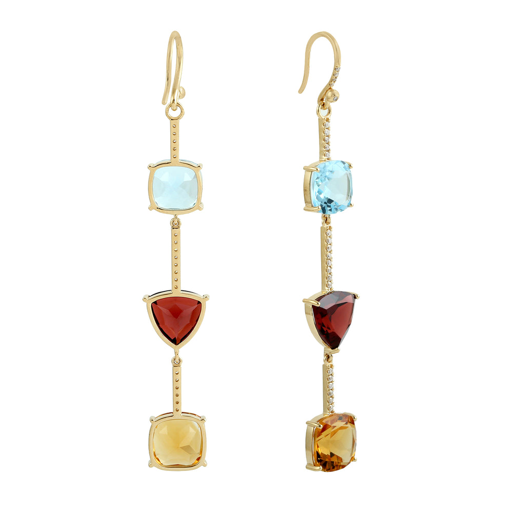 18k Solid Yellow Gold Citrine Topaz Garnet Pave Diamond Hook Danglers Women Jewelry