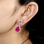 Natural Pear Cut Ruby Diamond Daisy Design Danglers In 18k White Gold For Her