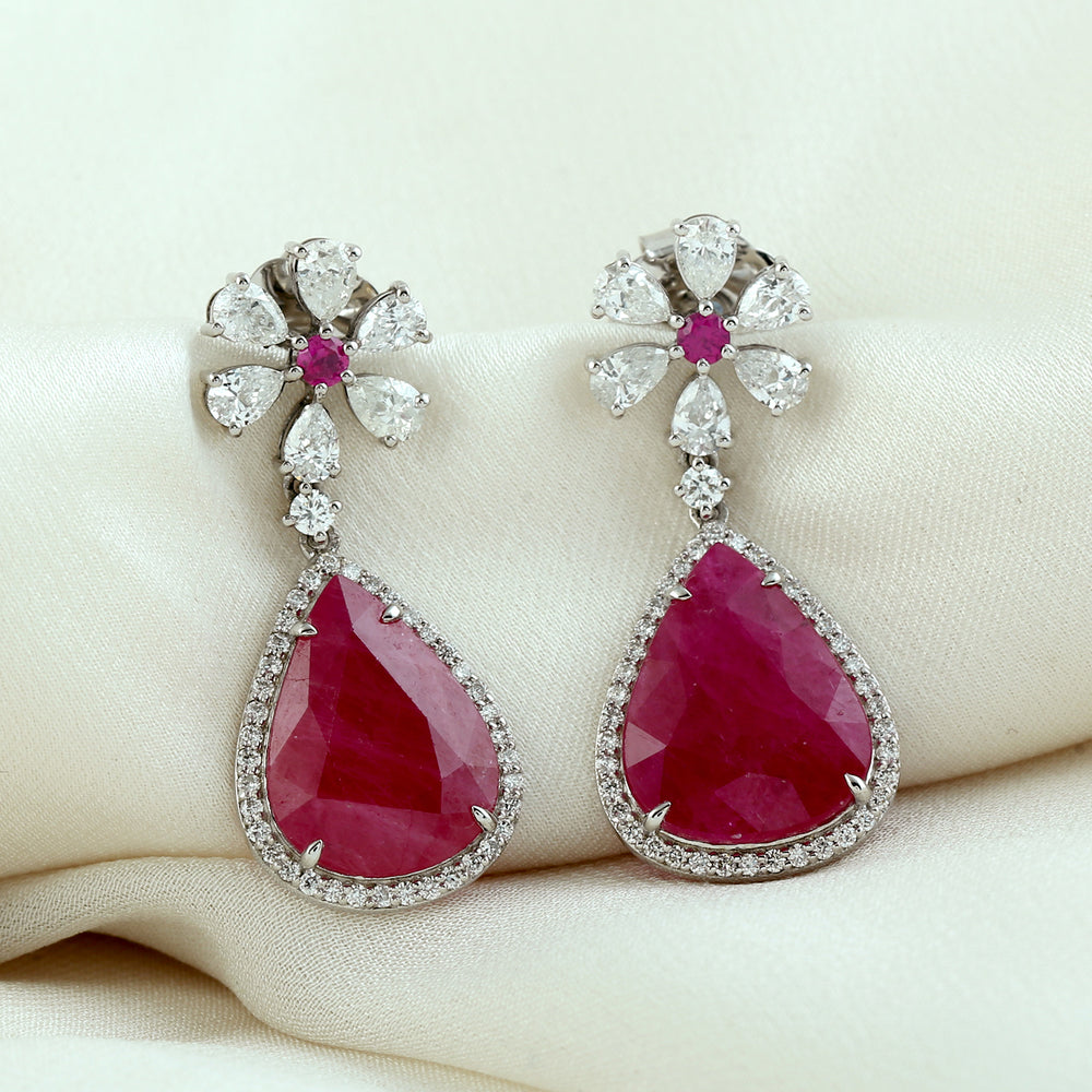 Natural Pear Cut Ruby Diamond Daisy Design Danglers In 18k White Gold For Her