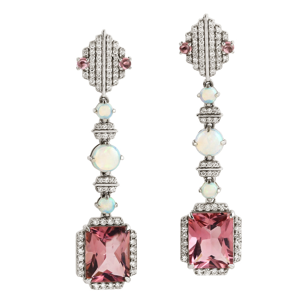 Beautiful Pink Tourmaline Opal Ethiopian Diamond Long Drop Danglers In 18k White Gold For Her