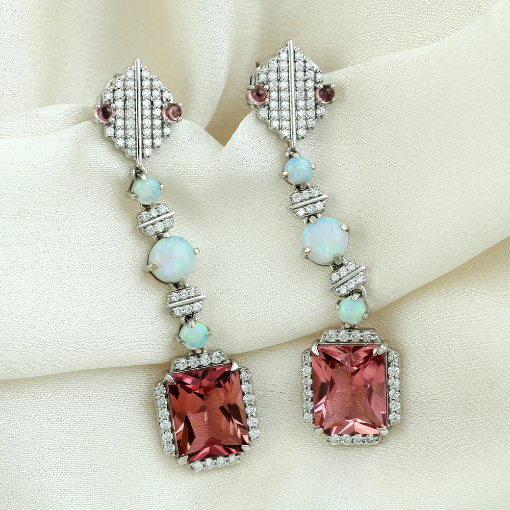 Beautiful Pink Tourmaline Opal Ethiopian Diamond Long Drop Danglers In 18k White Gold For Her