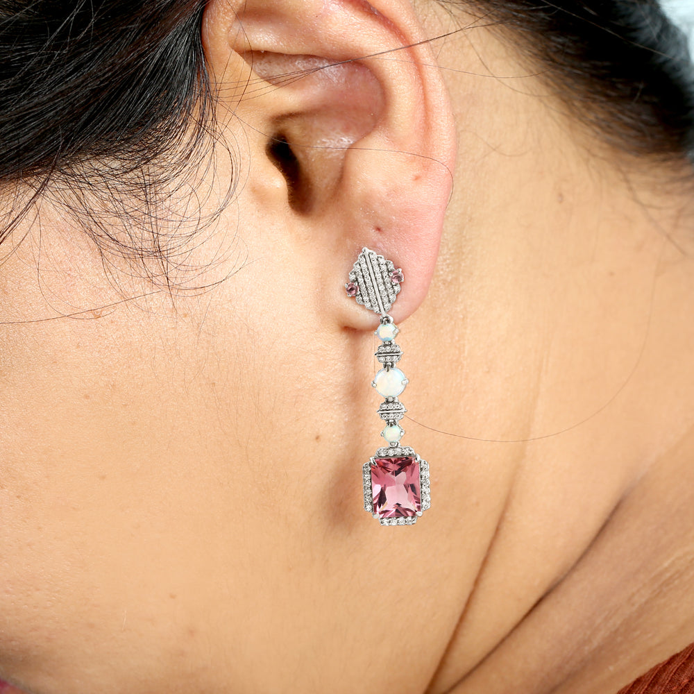 Beautiful Pink Tourmaline Opal Ethiopian Diamond Long Drop Danglers In 18k White Gold For Her