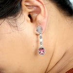 Beautiful Pink Tourmaline Opal Ethiopian Diamond Long Drop Danglers In 18k White Gold For Her