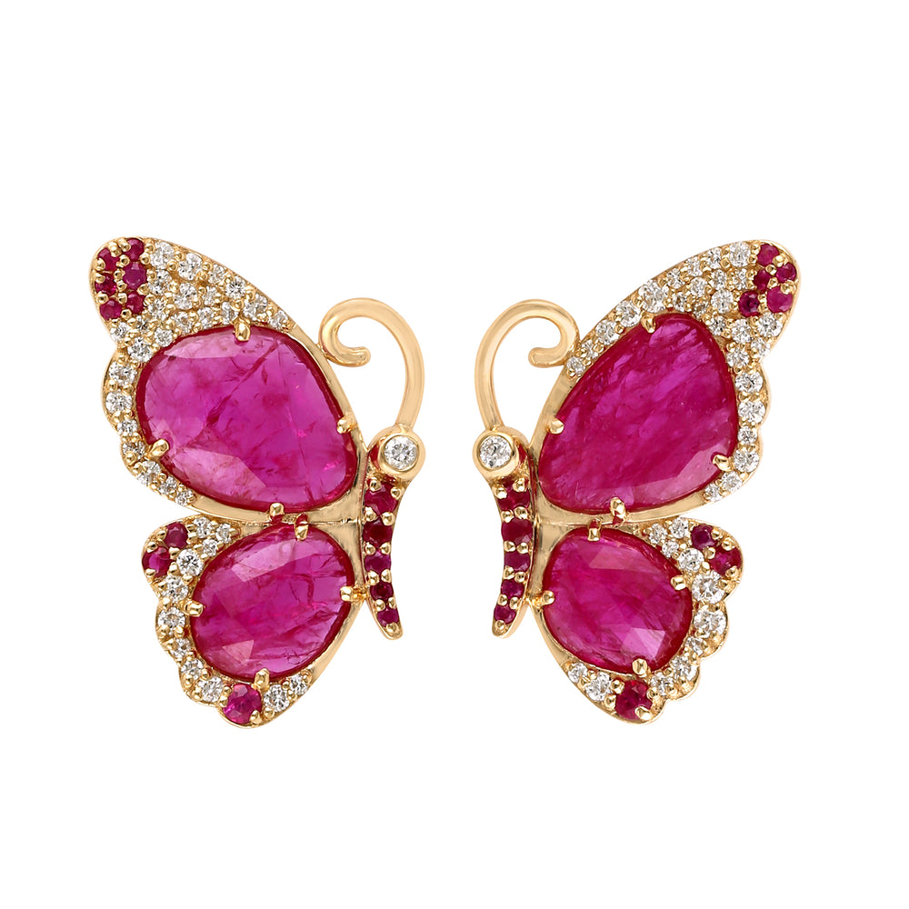 18k Yellow Gold Natural Ruby Diamond Gemstone Butterfly Stud Earrings For Gift