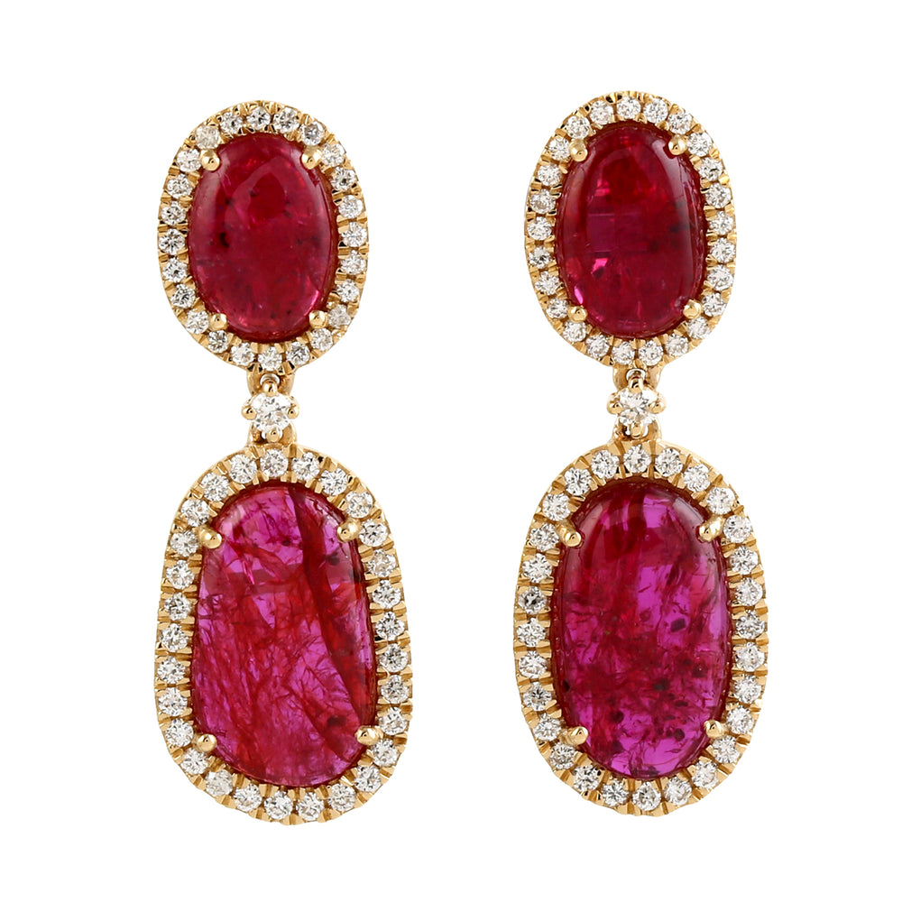 Pave Diamond Oval Ruby Natural Gem Danglers in 18k Yellow Gold For Women