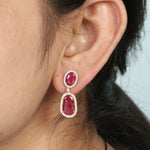 Pave Diamond Oval Ruby Natural Gem Danglers in 18k Yellow Gold For Women