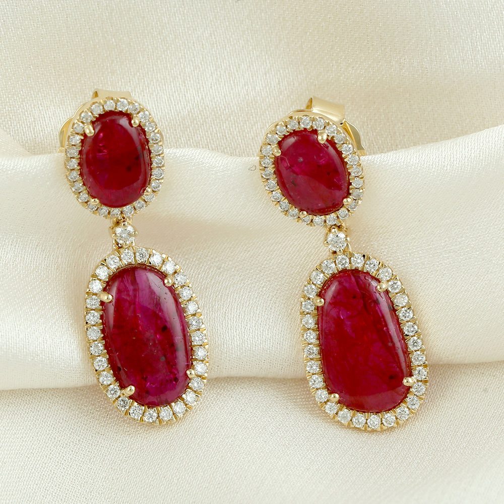 Pave Diamond Oval Ruby Natural Gem Danglers in 18k Yellow Gold For Women