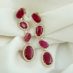 Prong Set Oval Ruby Pave Diamond Zig Zag Unique Design 18k Yellow Gold Danglers