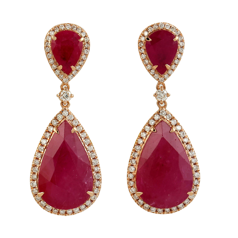 Pear Cut Ruby Pave Diamond Long Drop Danglers Wedding Jewelry In 18k Gold