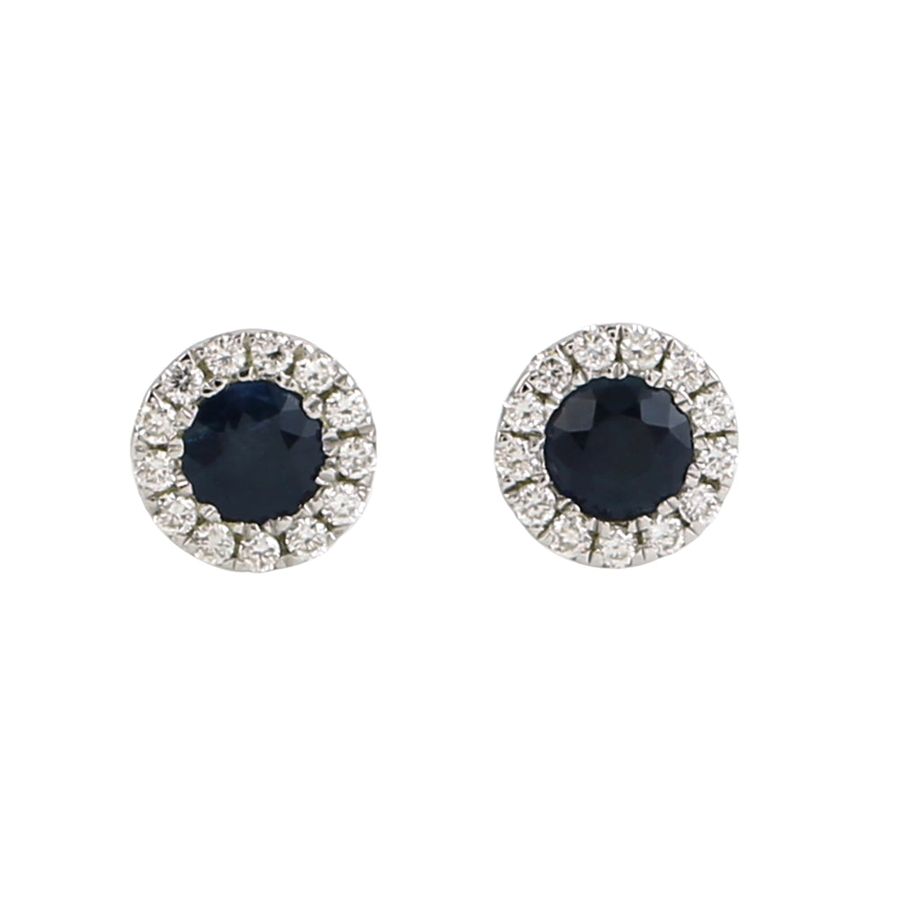 Blue Sapphire Pave Diamond Halo Stud Earrings For Women in 14k Gold