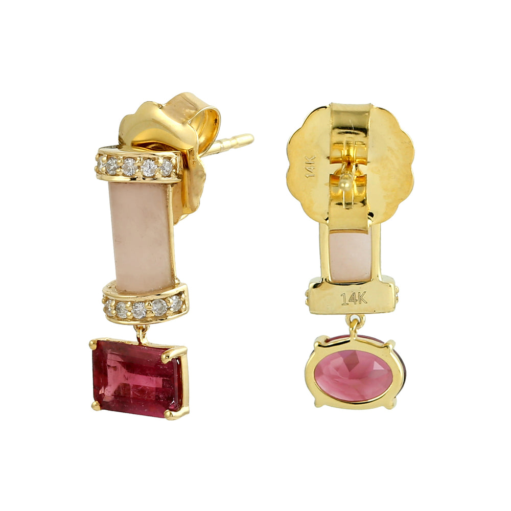 Pink Tourmaline & Opal Gemstone Pave Diamond Danglers In 14k Yellow Gold