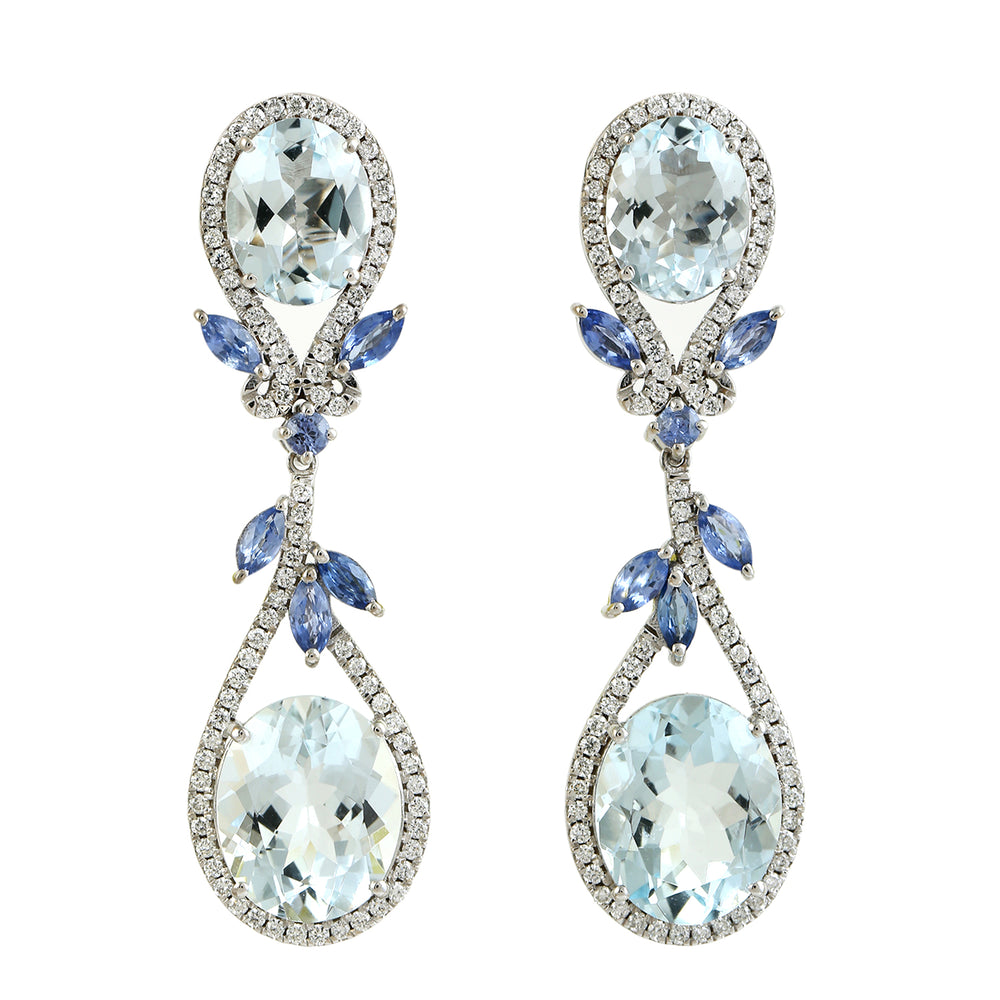 Marquise Blue Sapphire Oval Aquamarine Gemstone Pave Diamond 18K White Gold Dangle Designer Earrings For Women