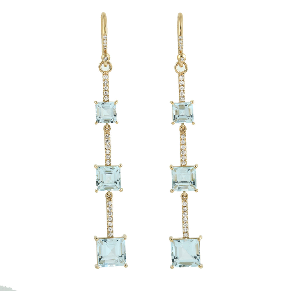 18K Yellow Gold Prong Square Cut Aquamarine Pave Diamond Wedding Dangler