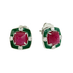 18K White Gold Ruby Bezel Set Diamond Enamel Pyramid Earrings For Her