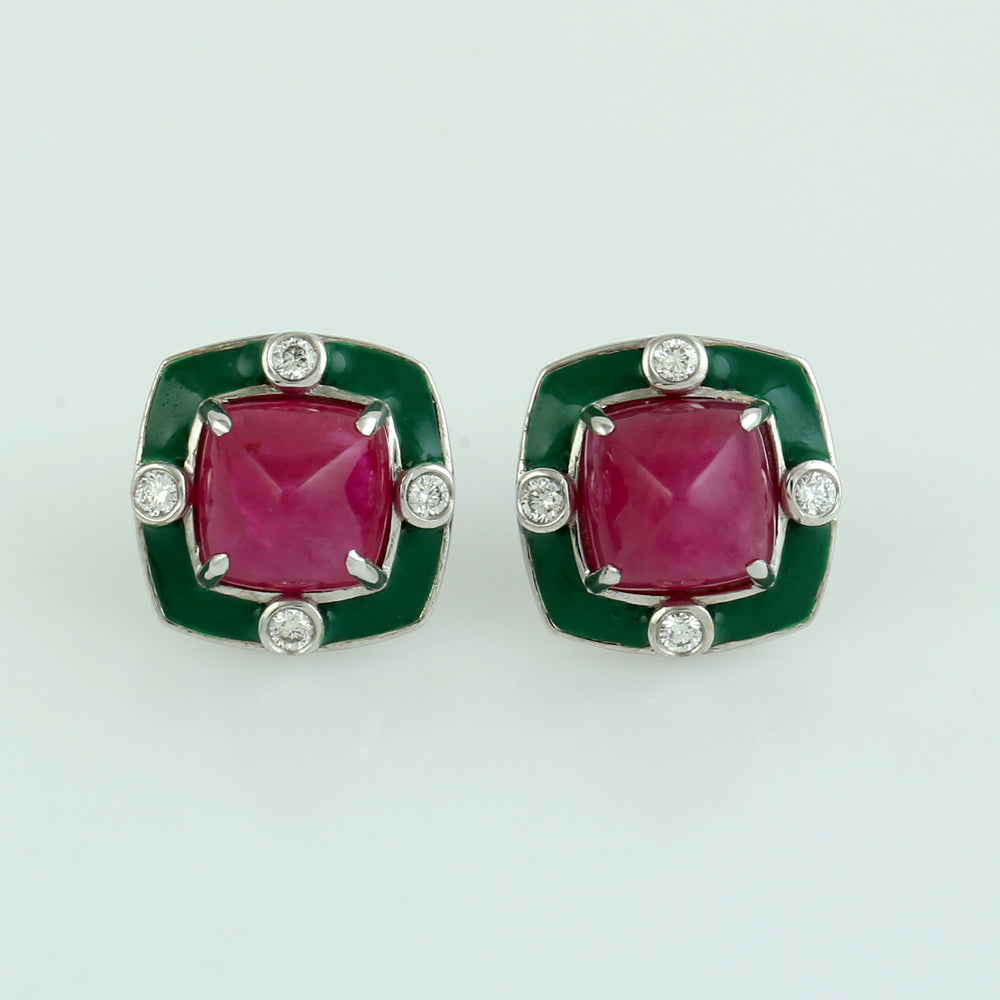 18K White Gold Ruby Bezel Set Diamond Enamel Pyramid Earrings For Her