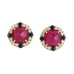 Natural Pyramid Ruby Blue Sapphire Pave Diamond 18K Yellow Gold Stud For Women