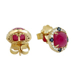 Natural Pyramid Ruby Blue Sapphire Pave Diamond 18K Yellow Gold Stud For Women