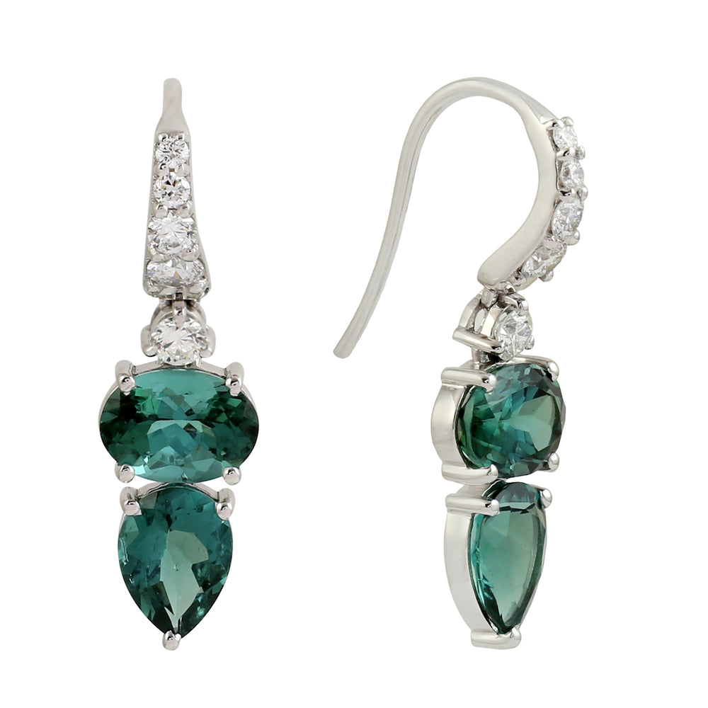 18K White Gold Natural Green Tourmaline Pave Diamond Designer Dangler Earrings Jewelry