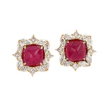 Square Pyramid Ruby Fancy Diamond 18K Yellow Gold Stud Earrings For Women's Gifts