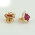 Square Pyramid Ruby Fancy Diamond 18K Yellow Gold Stud Earrings For Women's Gifts