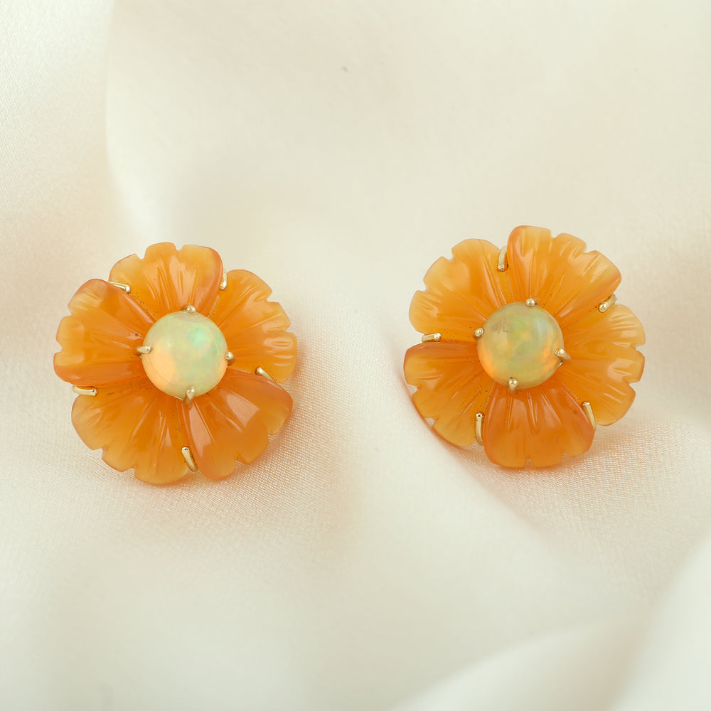 Carved Mix Stone Round Opal Ethiopian Gemstone 18K Yellow Gold Flower Earrings Jewelry