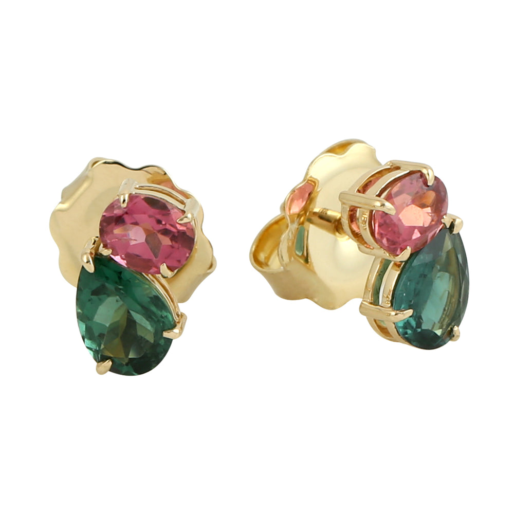 Pear Oval Multi Tourmaline Gemstone Minimal Earrings 18K Solid Gold