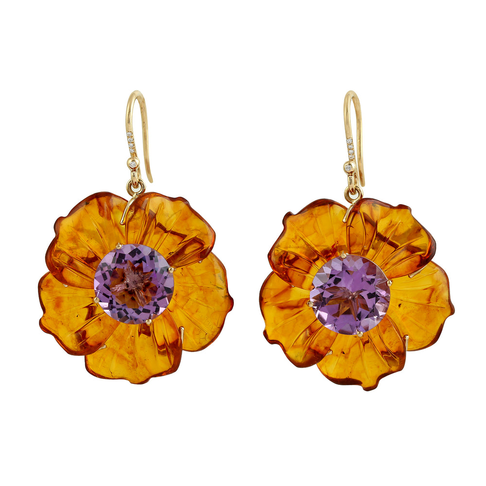 Round Amethyst Carved Amber Pave Diamond 18K Yellow Gold Flower Dangle Earrings Jewelry For Gifts