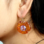 Round Amethyst Carved Amber Pave Diamond 18K Yellow Gold Flower Dangle Earrings Jewelry For Gifts