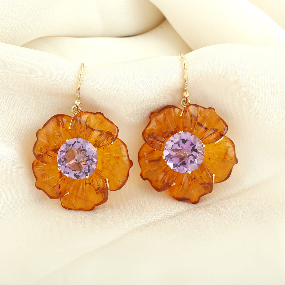 Round Amethyst Carved Amber Pave Diamond 18K Yellow Gold Flower Dangle Earrings Jewelry For Gifts