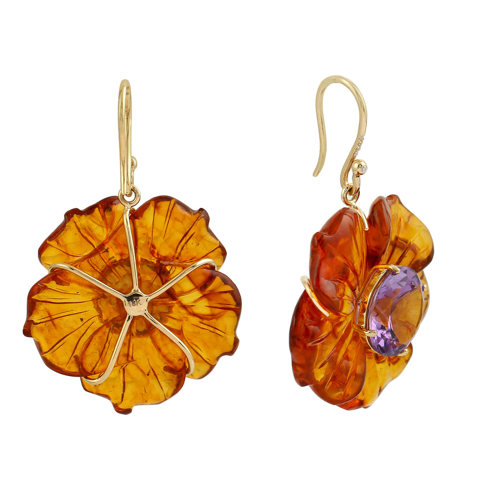 Round Amethyst Carved Amber Pave Diamond 18K Yellow Gold Flower Dangle Earrings Jewelry For Gifts