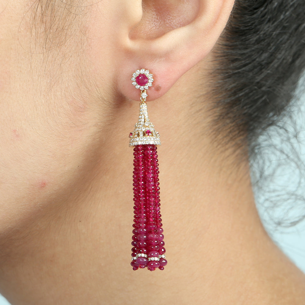 Natural Ruby Beaded Pave Diamond Long Tassel Dangler Earrings 18K Yellow Gold Wedding Jewelry