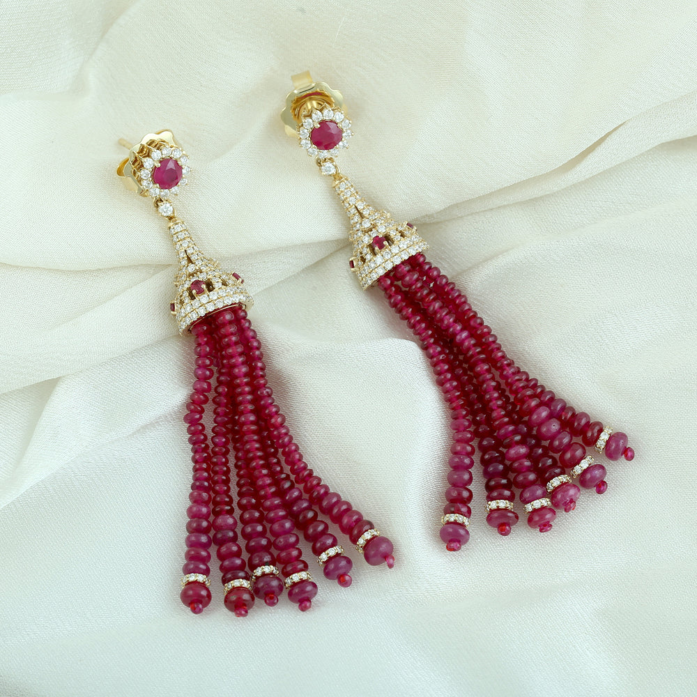 Natural Ruby Beaded Pave Diamond Long Tassel Dangler Earrings 18K Yellow Gold Wedding Jewelry