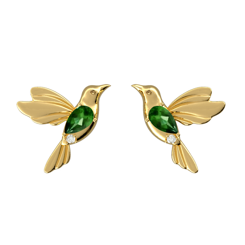 14K Yellow Gold Pear Tsavorite Pave Diamond Humming Bird Earrings