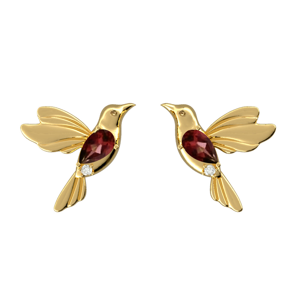 Pear Garnet Pave Diamond 14K Yellow Gold Humming Bird Earrings For Her