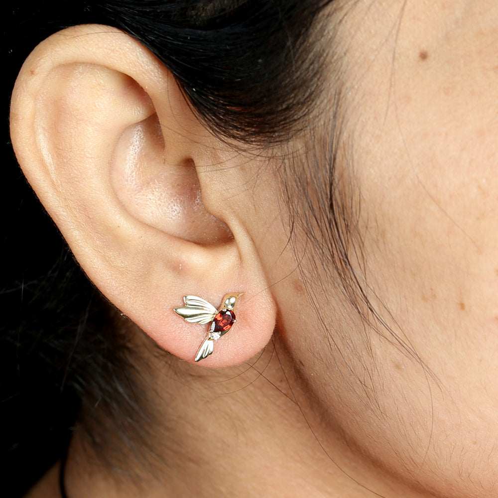 Pear Cut Garnet Pave Diamond In Yellow Gold Humming Bird Earrings For Her